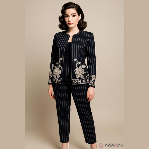 Oscar de la Renta Pants - Oscar de la Renta Navy Blue Pinstripe Embroidered Floral Pantsuit Sz: 10 cotton